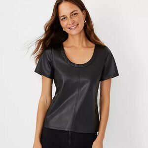 Ann Taylor Black Petite Faux Leather Scoop Neck Tee
